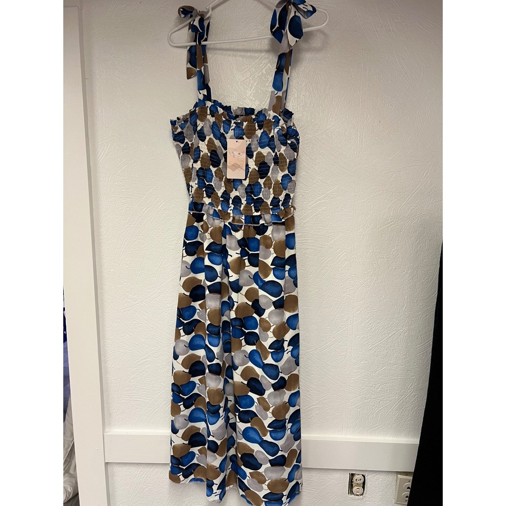 NWT! Fashion Smocked Dress Tie Strap Blue Brown Print Size L